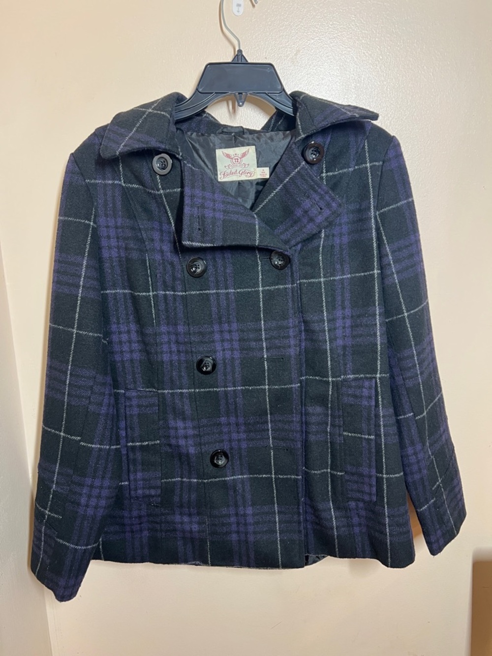 Faded Glory Black & Purple Plaid Peacoat